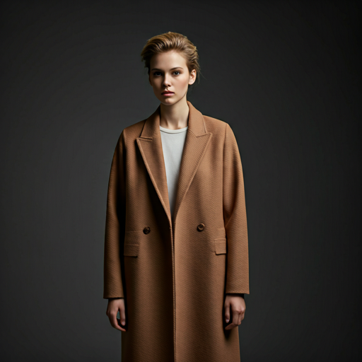 Model in structured minimalist coat