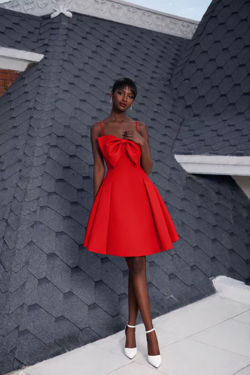 Red bow decorative evening dress