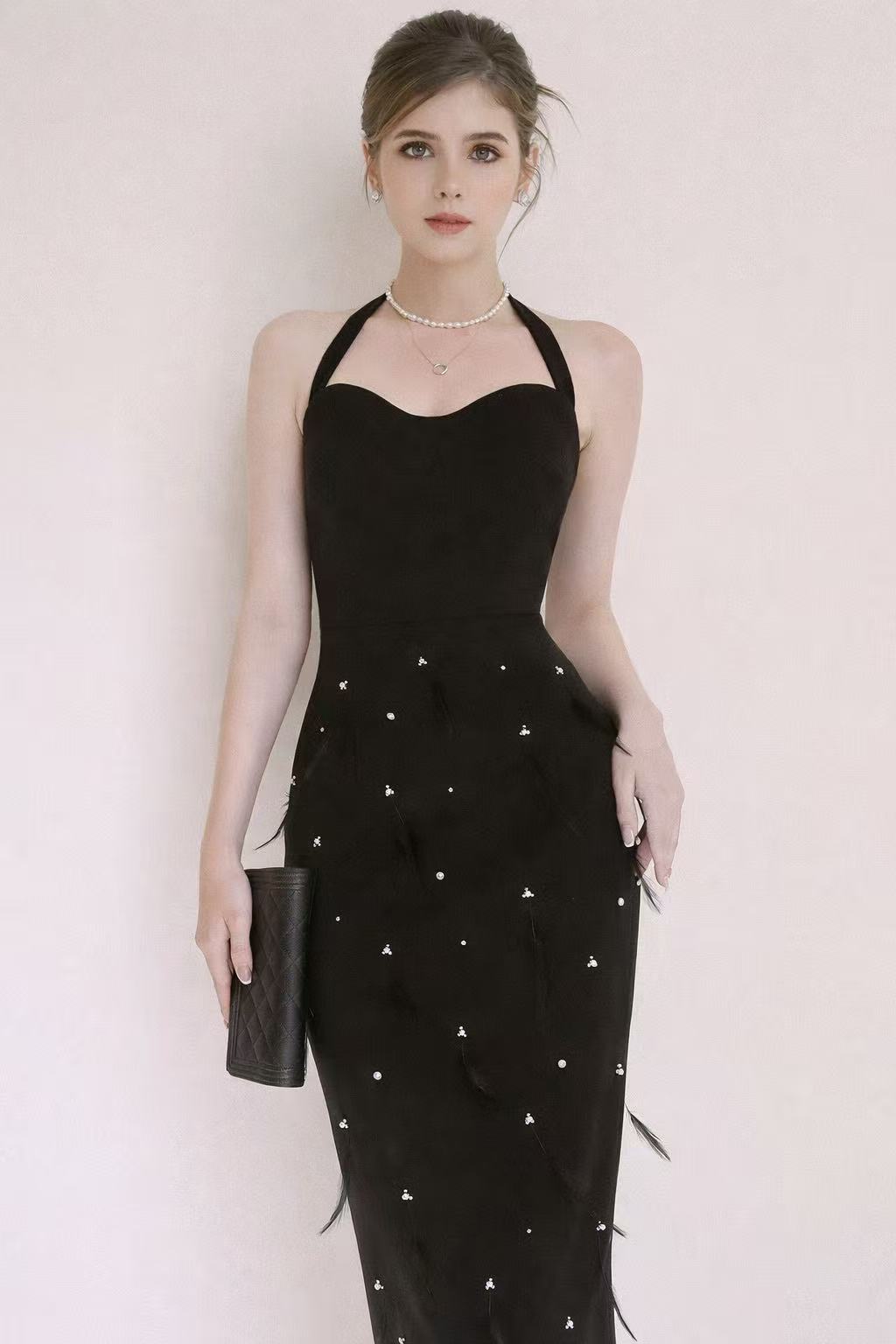 Black rafted ostrich feather decorated neck scarf dress