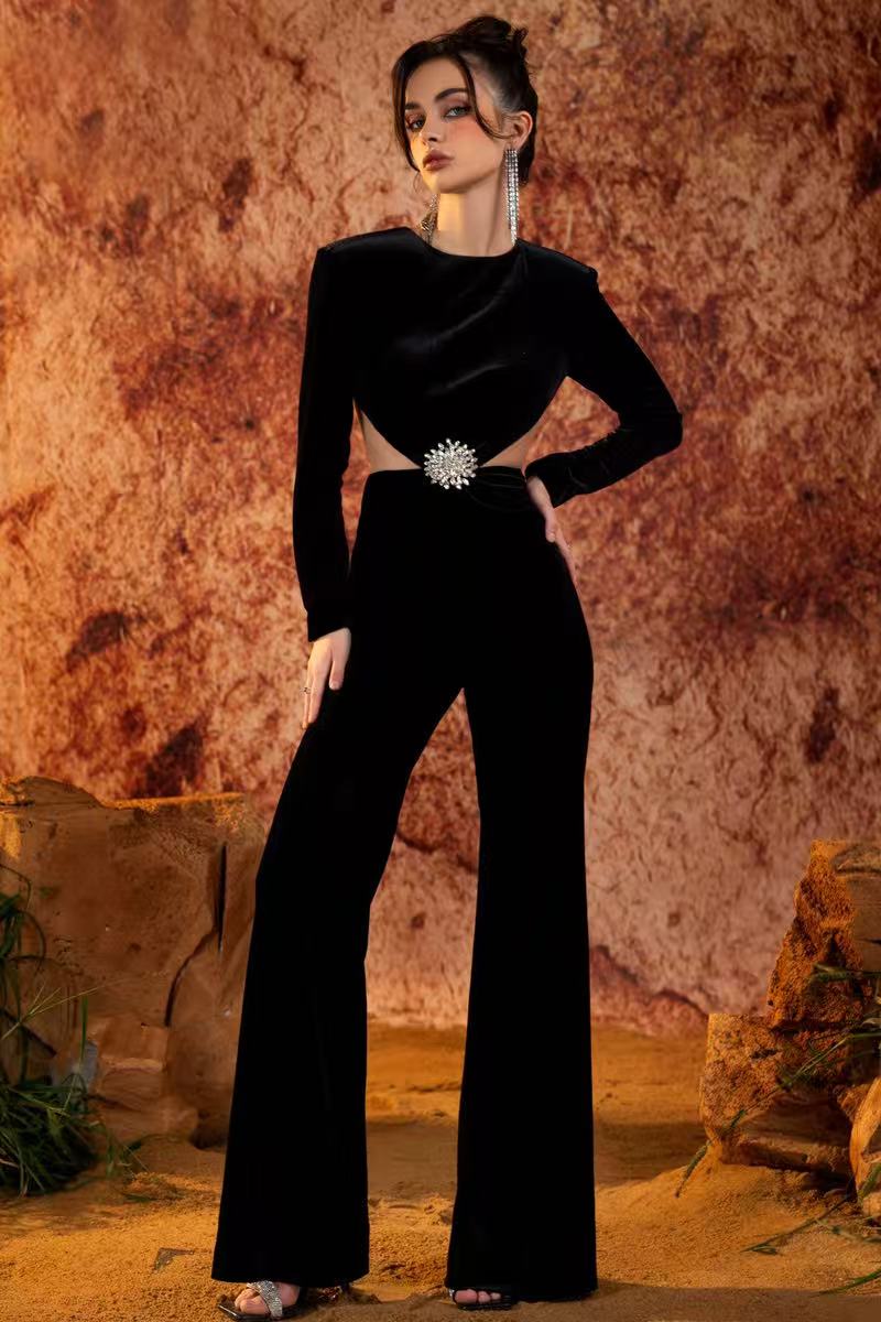 Sexy side-waist exposed hollowed-out,pure black siamese trousers