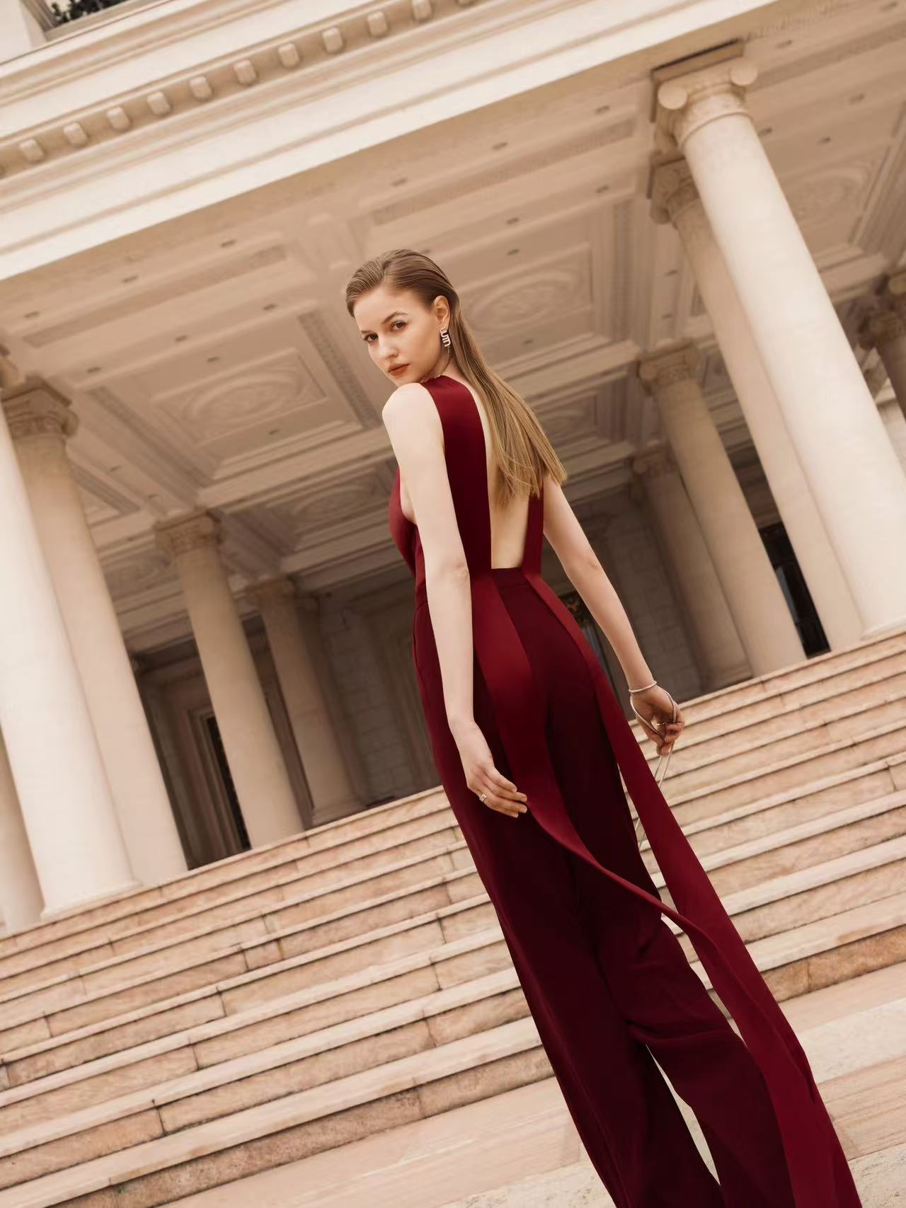 Elegant wine-red one-piece suit