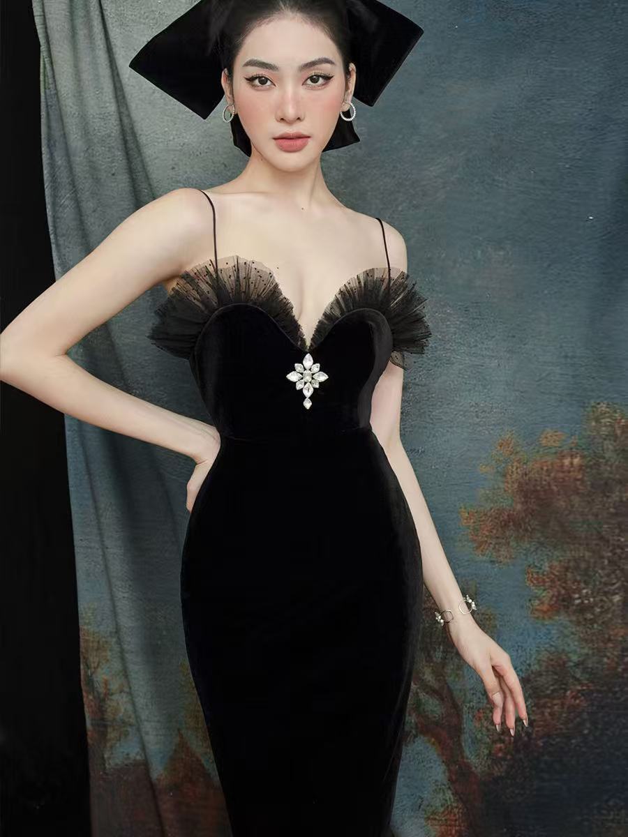 Black velvet halter evening dress